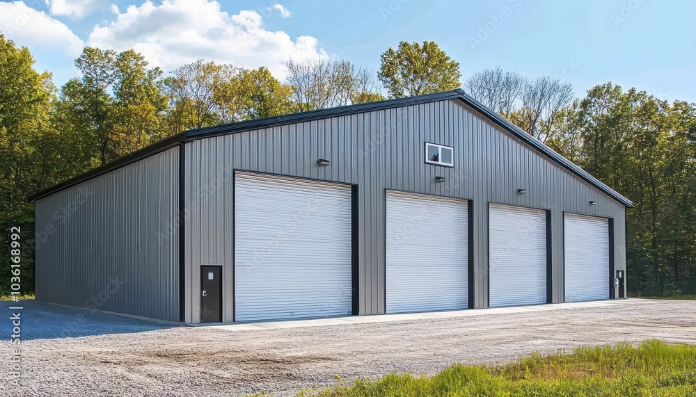 Modern metal storage facility with multiple garage doors in natural setting Modern metal storage facility with multiple garage doors in natural setting
