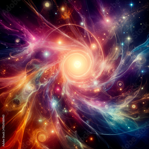 Abstract multicolor background. Connected dots. Space, mysticism, mandala, neural network.