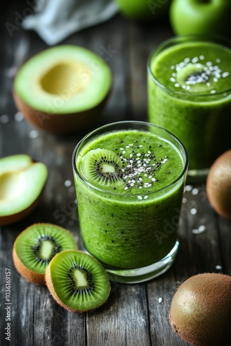 Refreshing green smoothie made with kiwi and avocado on a wooden table with w...