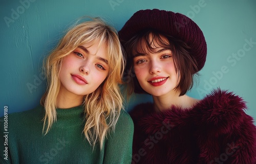 Two young women in stylish hats pose in front of a blue wall on a sunny day