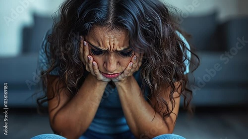 A woman expresses deep emotions while sitting on the floor in her living room, appearing overwhelmed and in deep thought during the evening