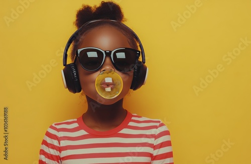 A girl stands confidently with headphones on, wearing oversized sunglasses