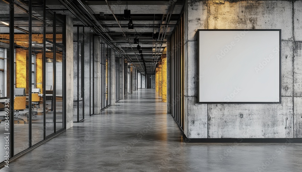 Modern office corridor with glass walls and an empty frame on the wall Modern office corridor with glass walls and an empty frame on the wall
