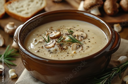 Creamy mushroom soup served with crisp toasted bread and fresh herbs on a woo...