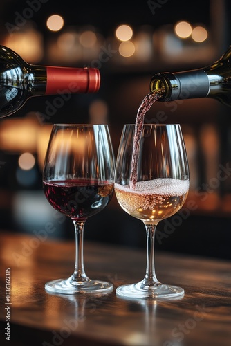 Pouring sparkling rose into elegant glass alongside a glass of sparkling wine...