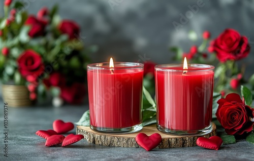 Romantic candlelight setting with red roses and decorative hearts for a cozy ...