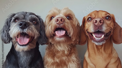 Four cheerful dogs posing together in a studio setting with bright background...