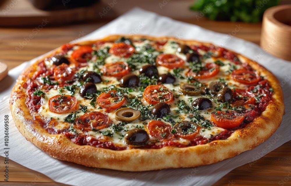 Delicious homemade pizza topped with fresh tomatoes, olives, and herbs on wooden table Delicious homemade pizza topped with fresh tomatoes, olives, and herbs on wooden table