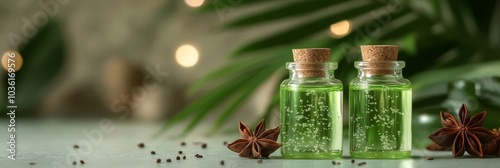 Botanical essential oil bottles with cork lids on a table surrounded by natur...