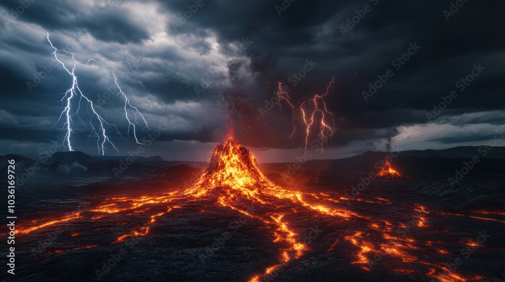 Naklejka premium Volcano Eruption with Lightning