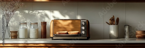 A modern toaster with two slices of golden brown bread on a kitchen counter w...