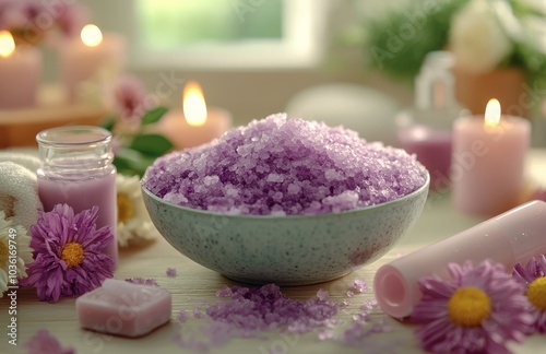 Spa day preparation with lavender bath salts and candles for a relaxing exper...