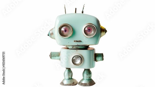 Adorable retro-style robot toy in pastel pink and blue hues, featuring antennas and mechanical details. Perfect for themes of technology, nostalgia, childhood, or playful design. photo