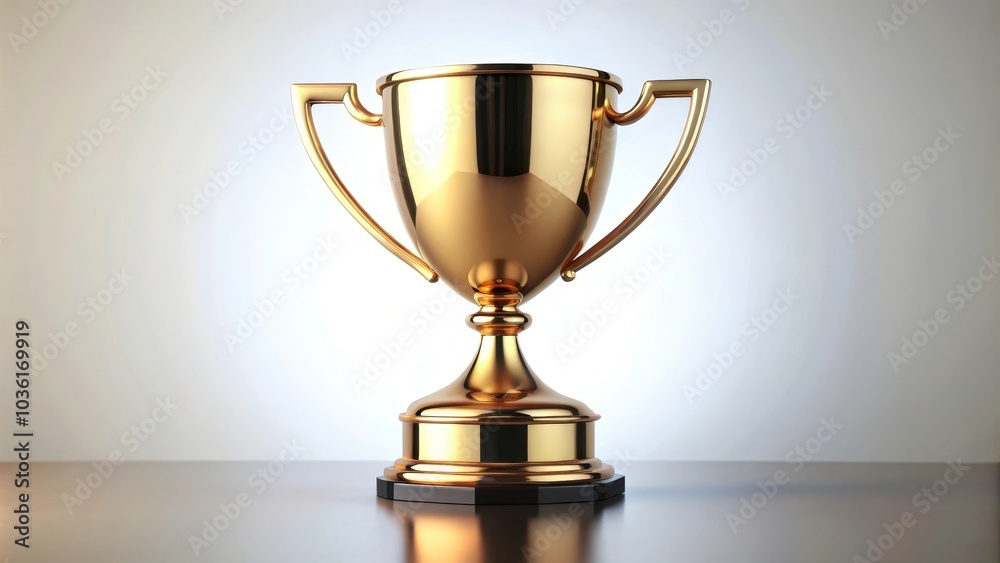 Golden award trophy is standing on a white surface with a grey background Golden award trophy is standing on a white surface with a grey background