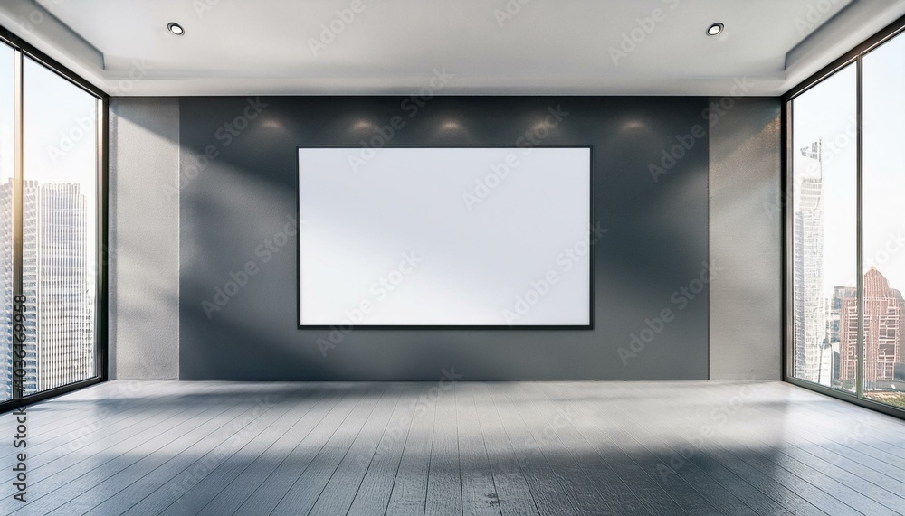 Clean gallery interior with blank poster display in modern room. 3D Rendering Clean gallery interior with blank poster display in modern room. 3D Rendering