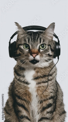 Cat with Earbuds, Attentive and Focused