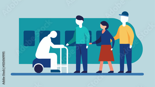 Train Station A group of friends helping a person with a walker onto a train with clear signage indicating accessible amenities nearby.