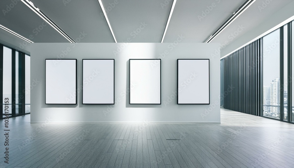 Obraz premium Clean gallery interior with blank poster display in modern room. 3D Rendering