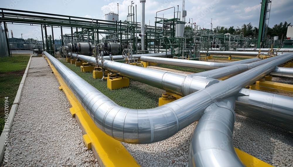 Industrial pipeline network at a processing facility under a clear sky Industrial pipeline network at a processing facility under a clear sky
