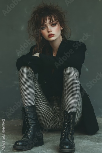 A fashionable model poses in stylish checked leggings and white ankle boots a...