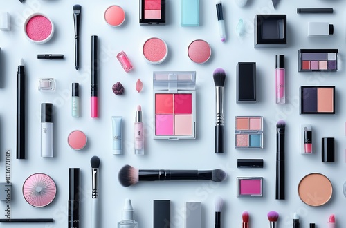 A vibrant arrangement of makeup products arranged neatly on a white backgroun...
