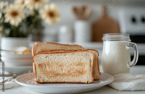 Cozy kitchen interior with a toasted bread breakfast setting and fresh milk o...
