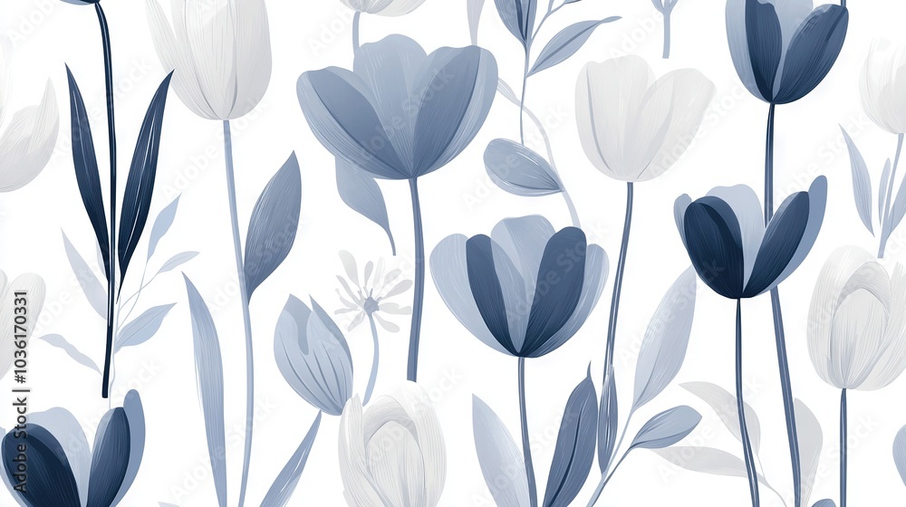White tulip pattern with blue-white stripe on white background White tulip pattern with blue-white stripe on white background