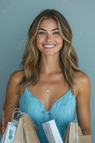 Smiling woman holding shopping bags in a stylish outfit against a neutral bac...
