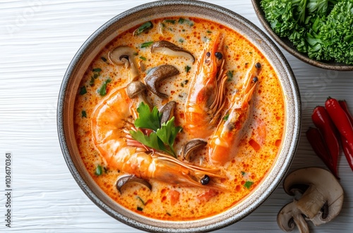 Delicious shrimp soup featuring mushrooms and herbs served in a rustic bowl o...