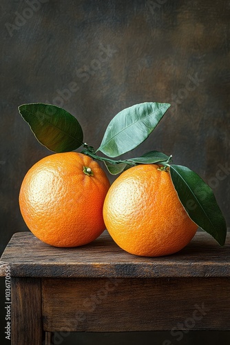 Freshly harvested oranges with leaves arranged artfully against a dark backgr...