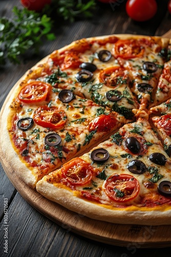 Freshly baked pizza topped with tomatoes, olives, and herbs served on a woode...