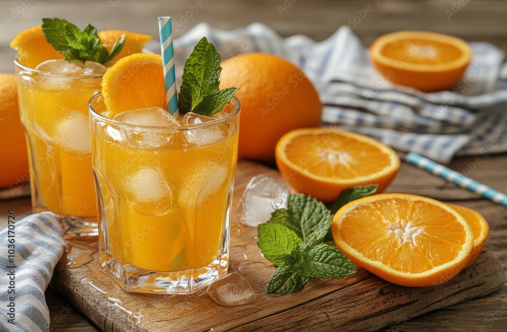 Refreshing orange juice with mint served in glasses beside fresh oranges on wooden table