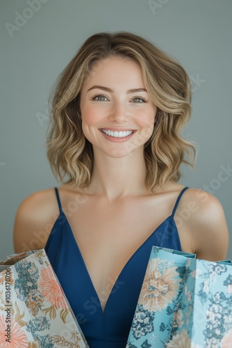 Smiling woman holding shopping bags in a stylish outfit against a neutral bac...