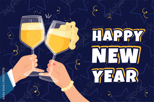 Happy New Year celebration with clinking champagne glasses, Vector