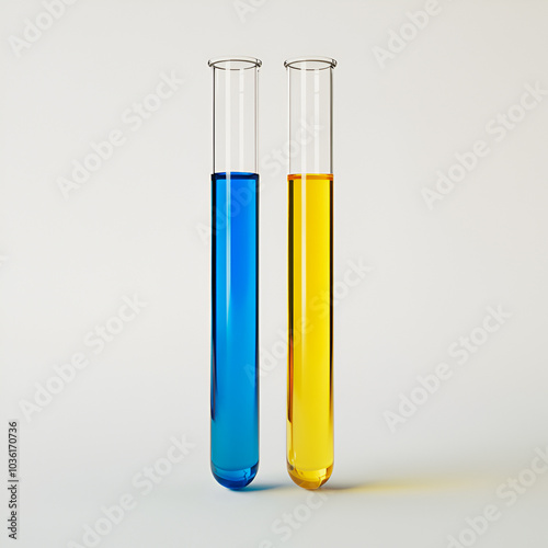 Two test tubes with blue and yellow liquids standing side by side on clean white surface 