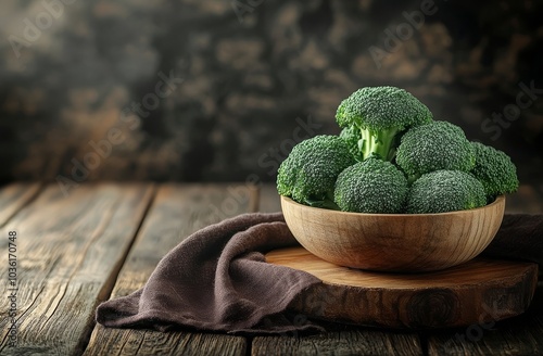 Freshly harvested broccoli in a wooden bowl on a rustic table with more veget...