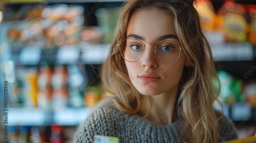 Portrait of a beautiful young woman in glasses standing in a supermarket. Portrait of a beautiful young woman in glasses standing in a supermarket.
