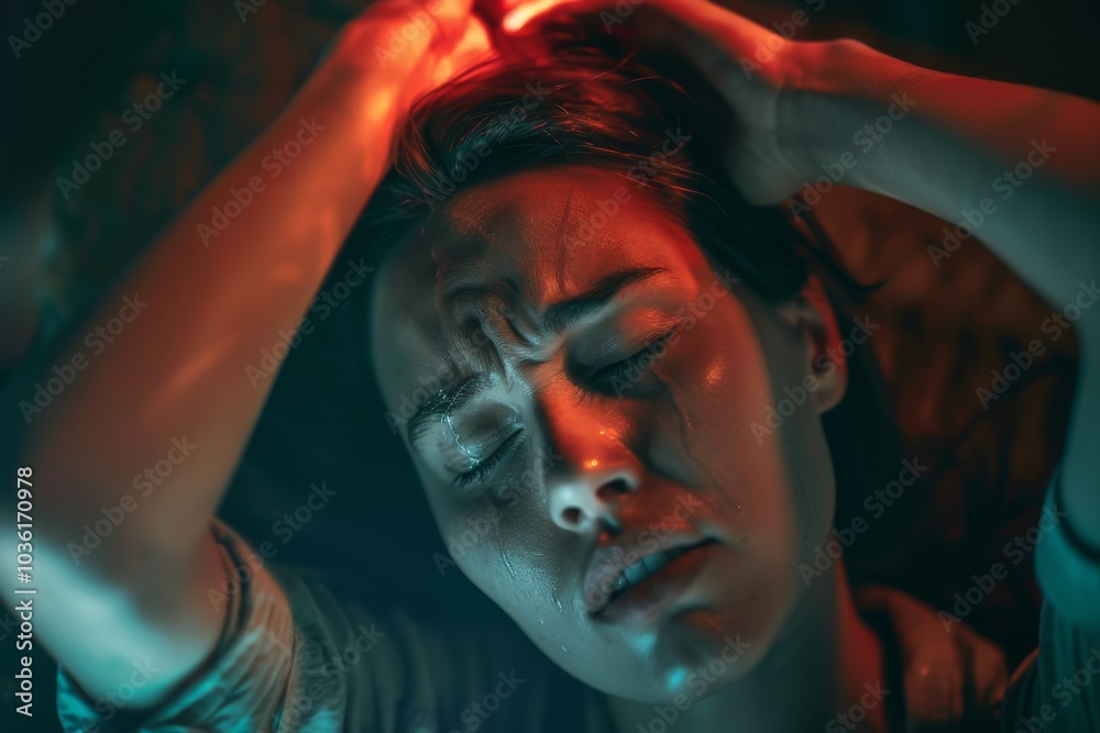 A person holds their head, eyes closed, with an expression of distress. Concept of stress and emotional tension. For mental health awareness campaigns. A person holds their head, eyes closed, with an expression of distress. Concept of stress and emotional tension. For mental health awareness campaigns.