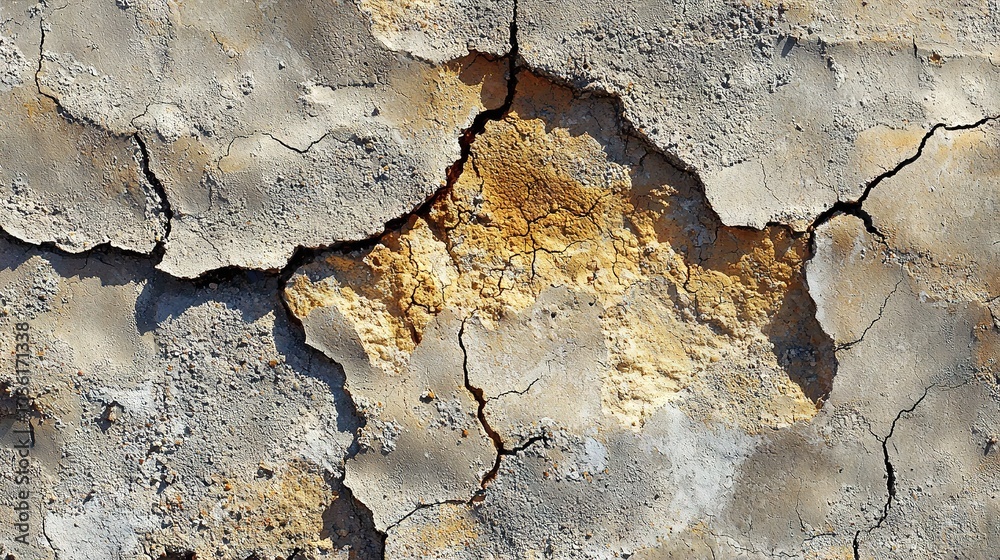 Fototapeta premium A close-up image shows a rock wall with yellow and gray paint peeling from its sides, revealing a yellow spot in the center of the middle section