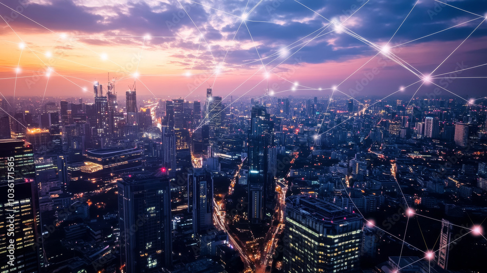 Fototapeta premium Smart cities use advanced technology like 5G and LPWA to connect everything and improve communication. This allows for better services and a more efficient way of life.