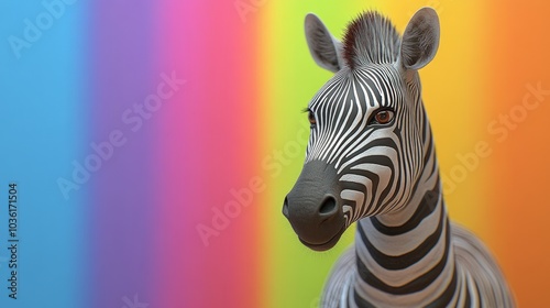 Close-up portrait of a zebra with a colorful background.