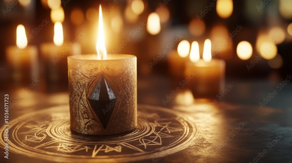 A carved candle with a black crystal in the center of a circle with symbols.Against the background of many burning candles.The concept of divination, mysticism or meditation A carved candle with a black crystal in the center of a circle with symbols.Against the background of many burning candles.The concept of divination, mysticism or meditation