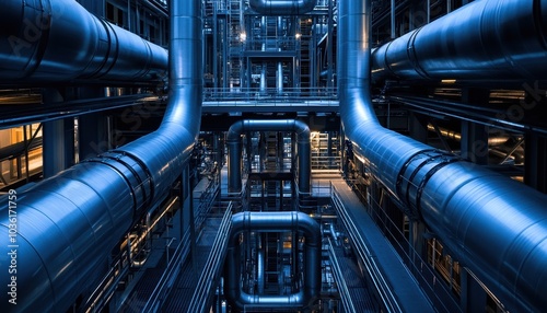 Intricate network of blue industrial pipes illuminated at night in a facility