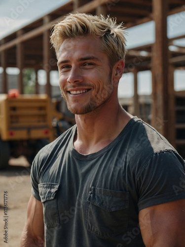 Handsome muscular blond man smiles while working at a construction site under the sun on a warm afternoon.