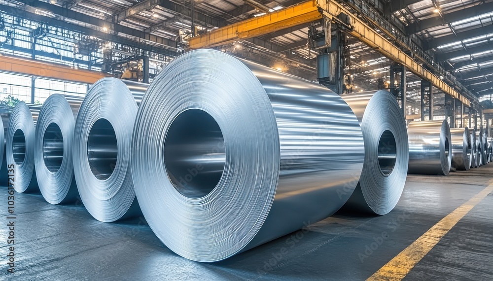 Shiny steel coils stacked in a large industrial warehouse during daylight hours Shiny steel coils stacked in a large industrial warehouse during daylight hours