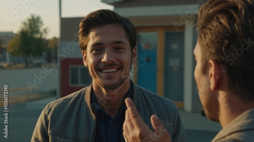 Handsome young man smiles while giving a high five to a friend outdoors during golden hour in a lively neighborhood.