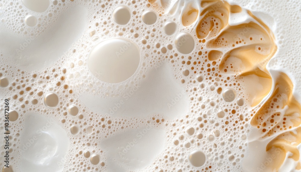 A close-up view of coffee with frothy milk swirls on a white background A close-up view of coffee with frothy milk swirls on a white background