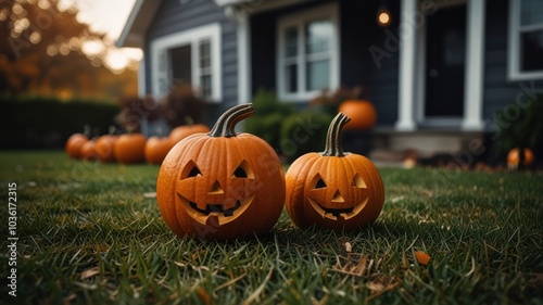 Two carved pumpkins with smiling faces sit on a green lawn in front of a house with a porch.