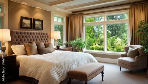 Stylish bedroom with large windows and a view of lush greenery in the morning light