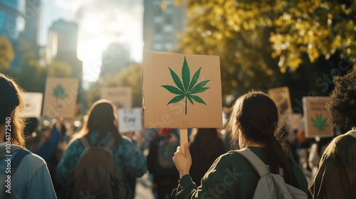 People at a rally holding signs advocating for cannabis legalization and criminal justice reform